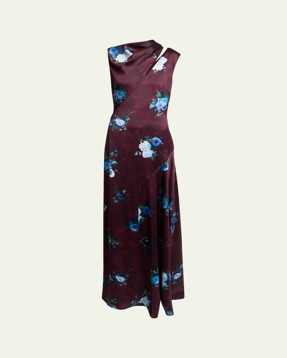 Floral Satin Slash-Cutout Sleeveless Gown